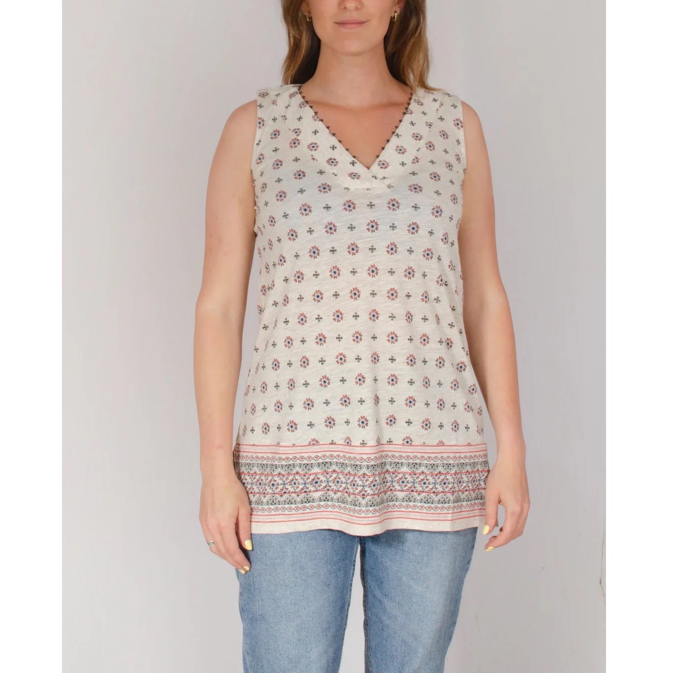 J Jill Printed Sleeveless Tunic Top Xs Beige Floral V Neck Lagenlook Boho Modal